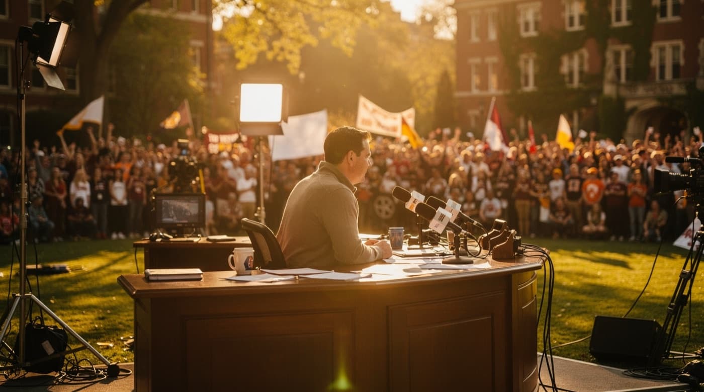 The Pate State broadcast desk set up live on a college quad