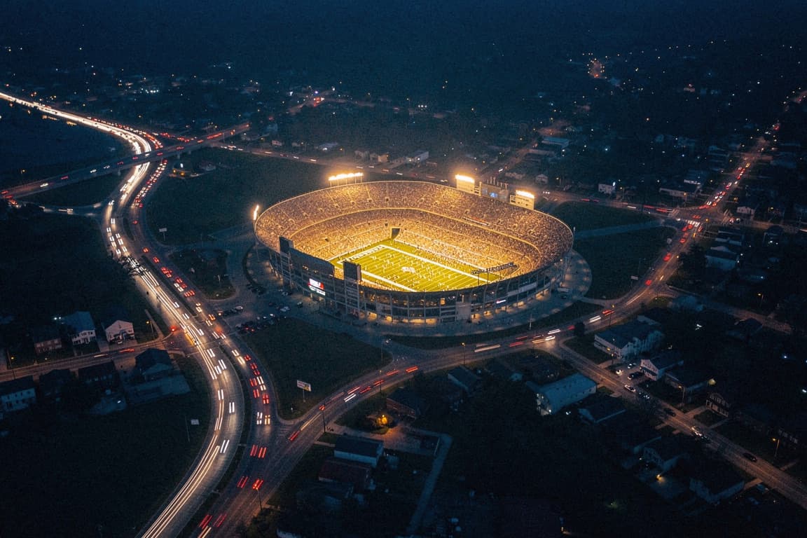 A stadium lit up at night, seen from above