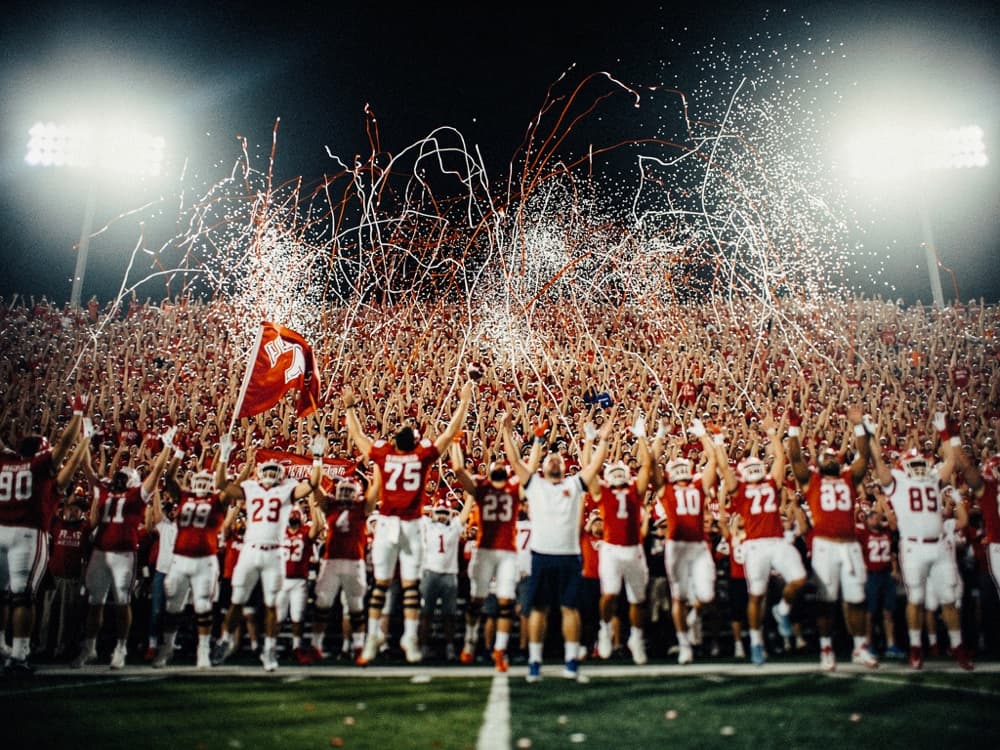 Wisconsin fans jumping around at Camp Randall