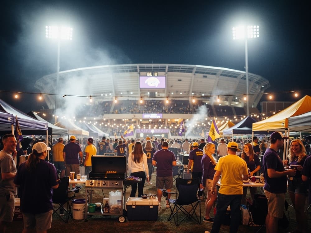 LSU fans in purple and gold packing Tiger Stadium's night tailgate lot