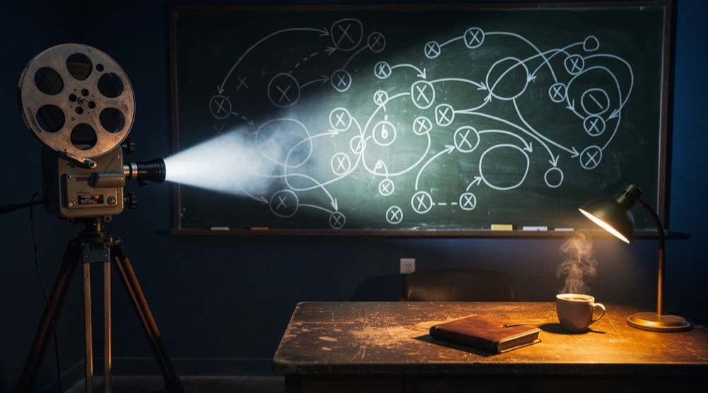 A film projector beside a chalkboard of X's-and-O's diagrams